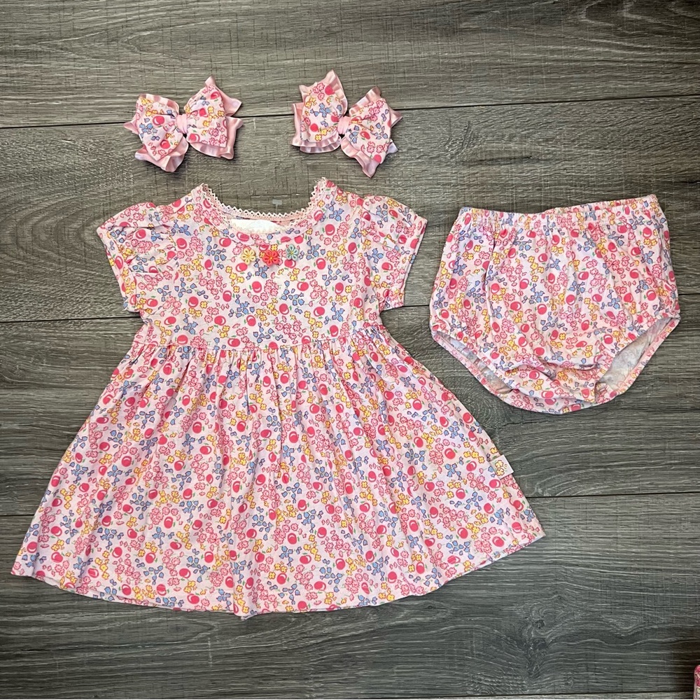Baby Lulu Girls Pink Floral Dress sz 18M 4pc Set Bows Clips Cotton Bloomers